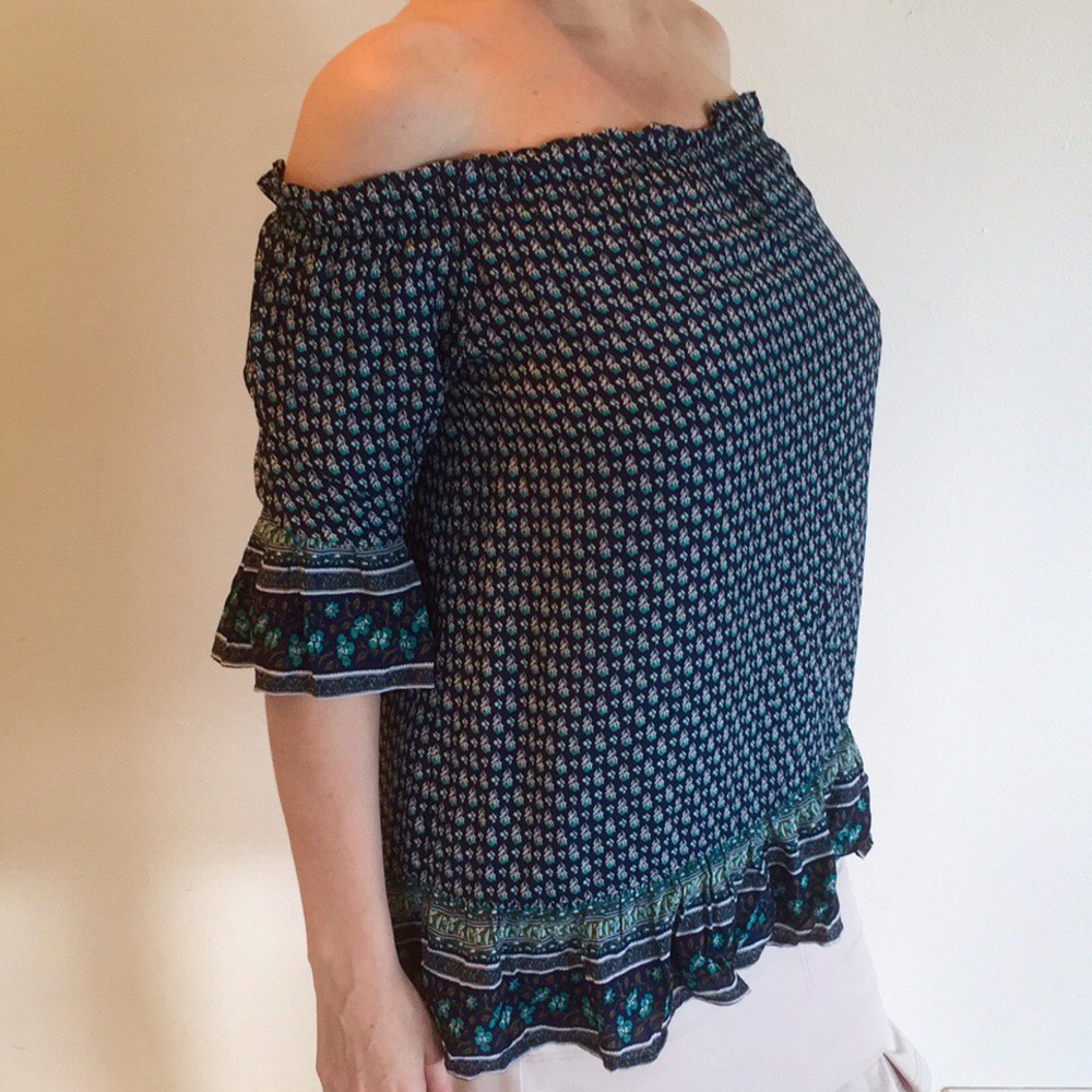 LOVE brand floral blue green off shoulder blouse plus - Picture 3 of 6